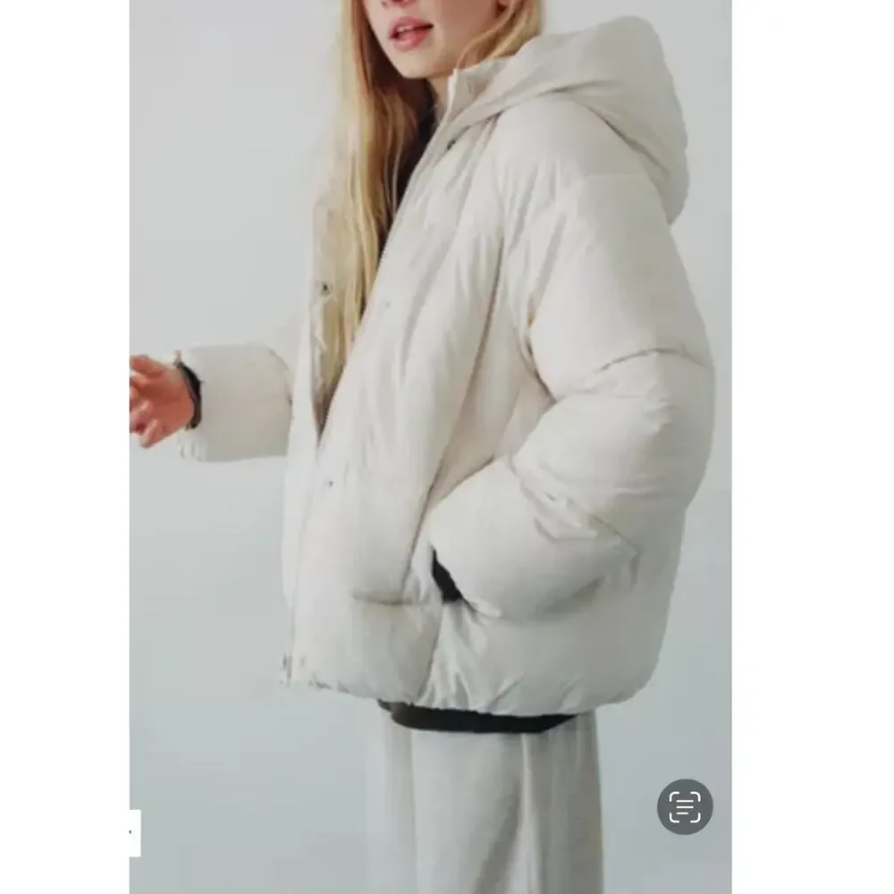 Zara Girls Puffer Jacket with Hoodie Beige Size 11-12